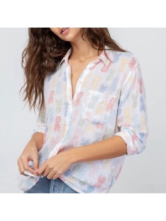 Rails Tops - RAILS CHARLI RAINBOW PINEAPPLE LIGHTWEIGHT LINEN BLEND BUTTON DOWN SHIRT XS / S